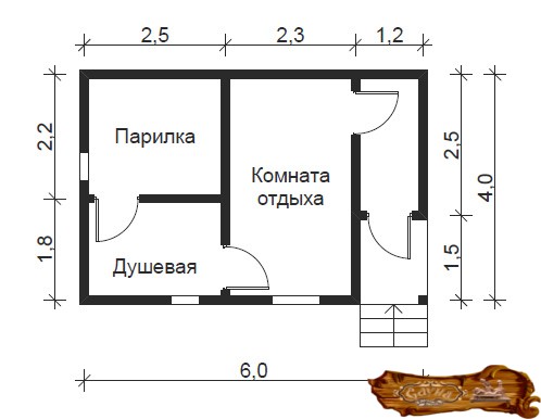 Проект бани с отдельной парилкой и моечной и комнатой отдыха